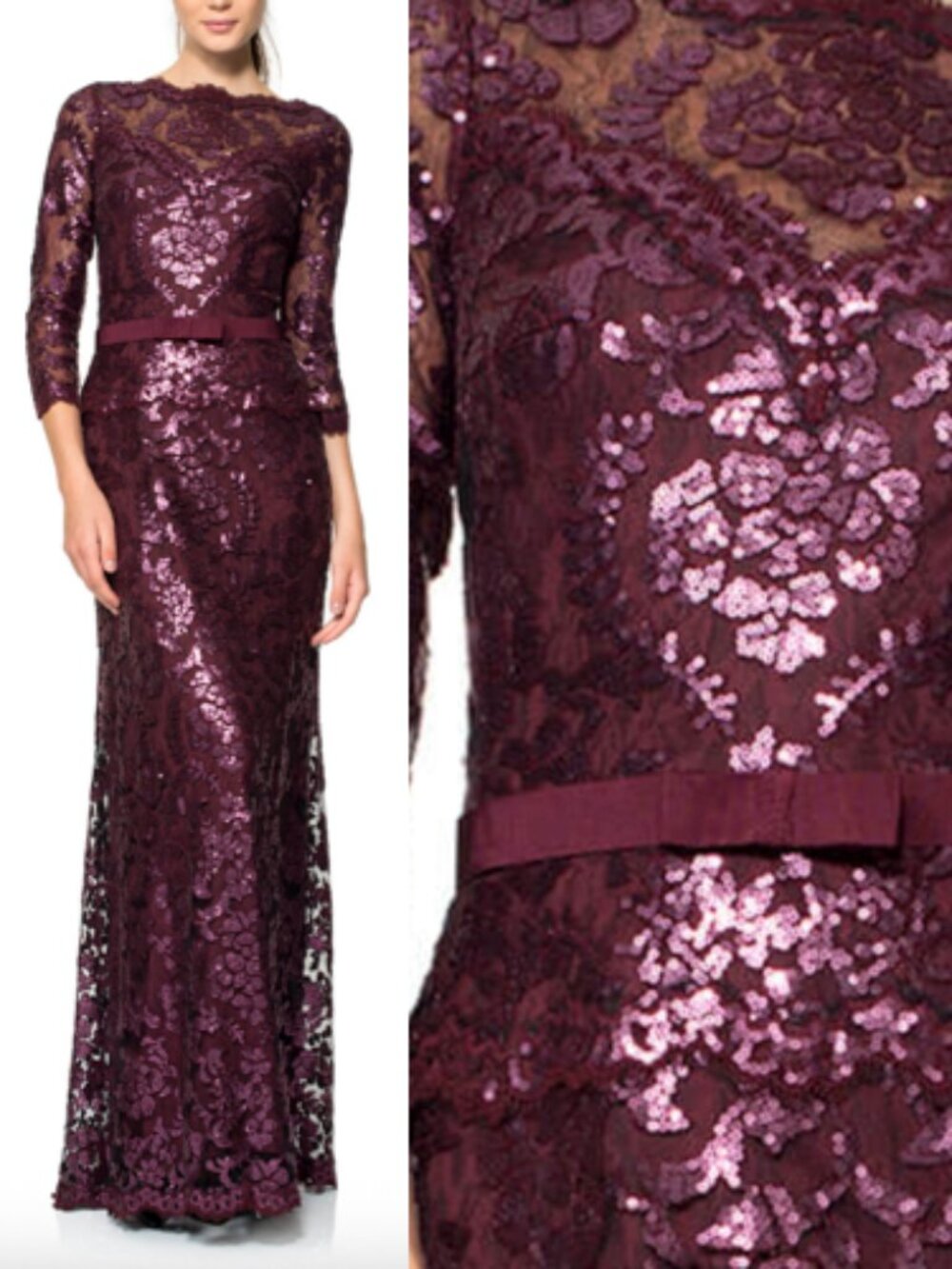 NWT Tadashi Shoji Paillette Embroidered Lace Sleeve Gown Dress Auburn Size 4